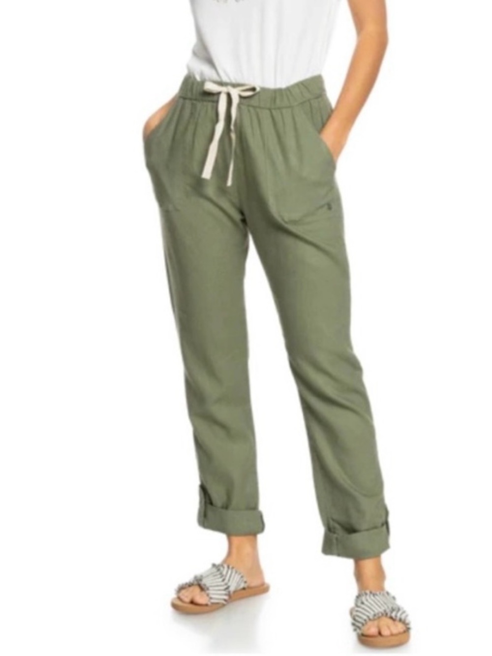 Roxy Olive Green Drawstring Linen Pants